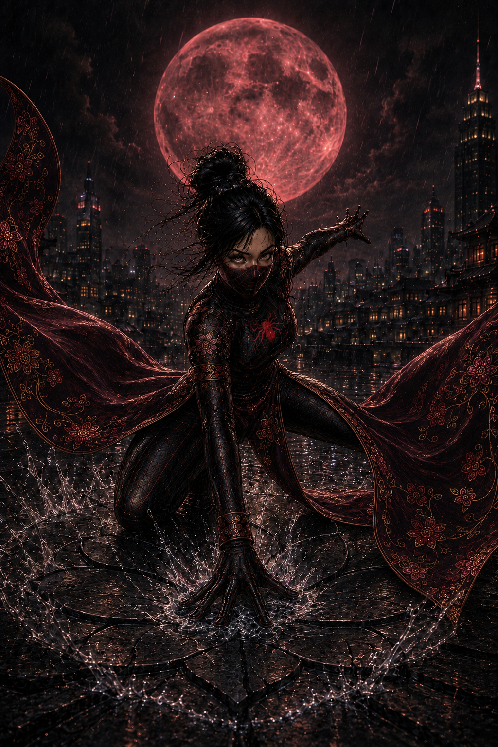 Original Lotus Impact artwork: Hana lands beneath a crimson moon amid suspended rain