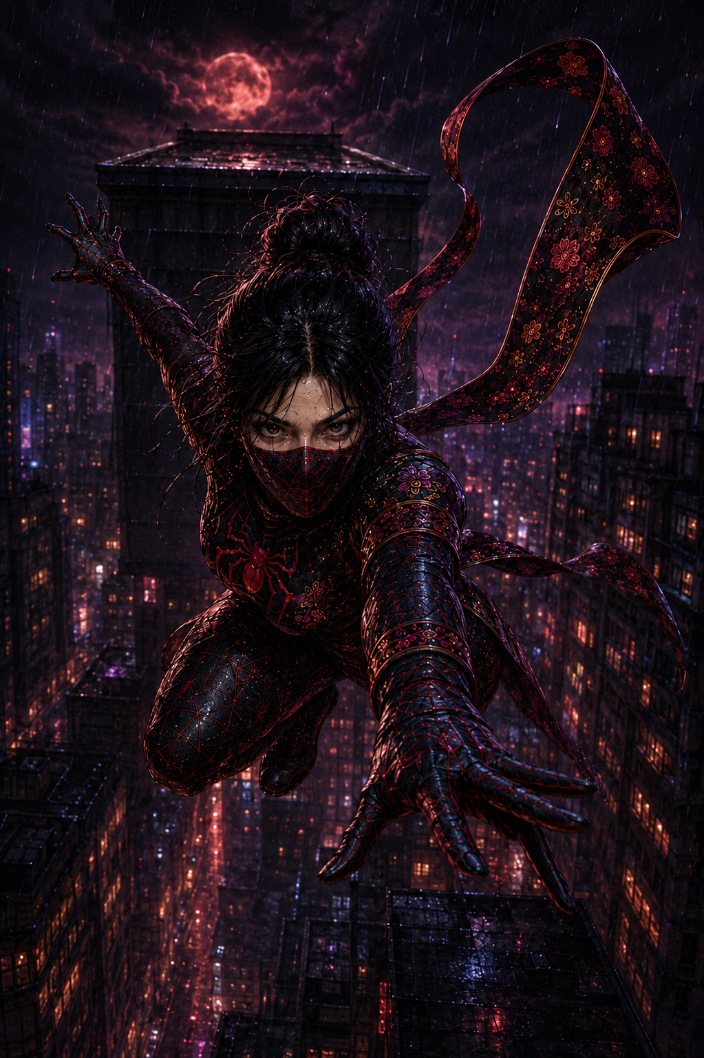Original Rooftop Pounce artwork: Hana leaps through a moonlit Saigon skyline