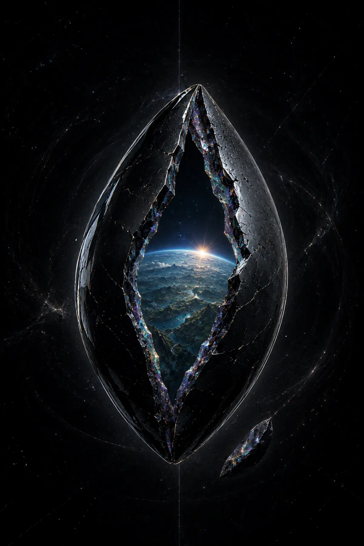 Rift Seed: a dark, split seed containing a tiny world and sunrise.